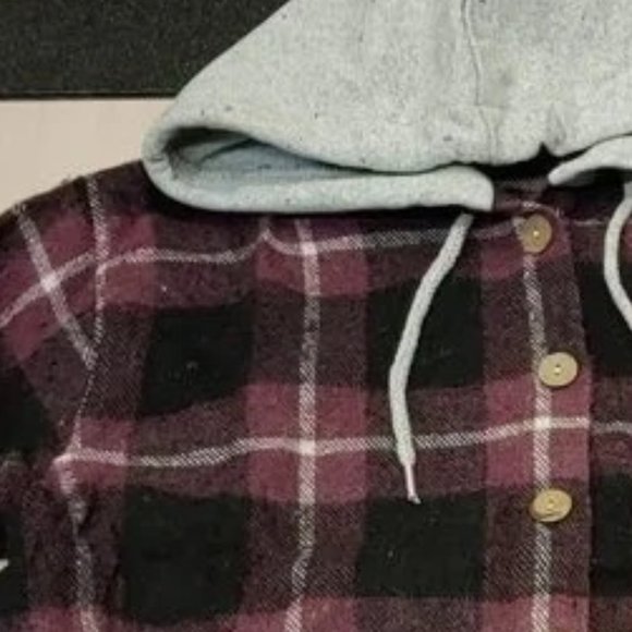 BUTTON Shirts Hoodie Plaid Flannel Long Sleeve- Purple plaid - Picture 3 of 4